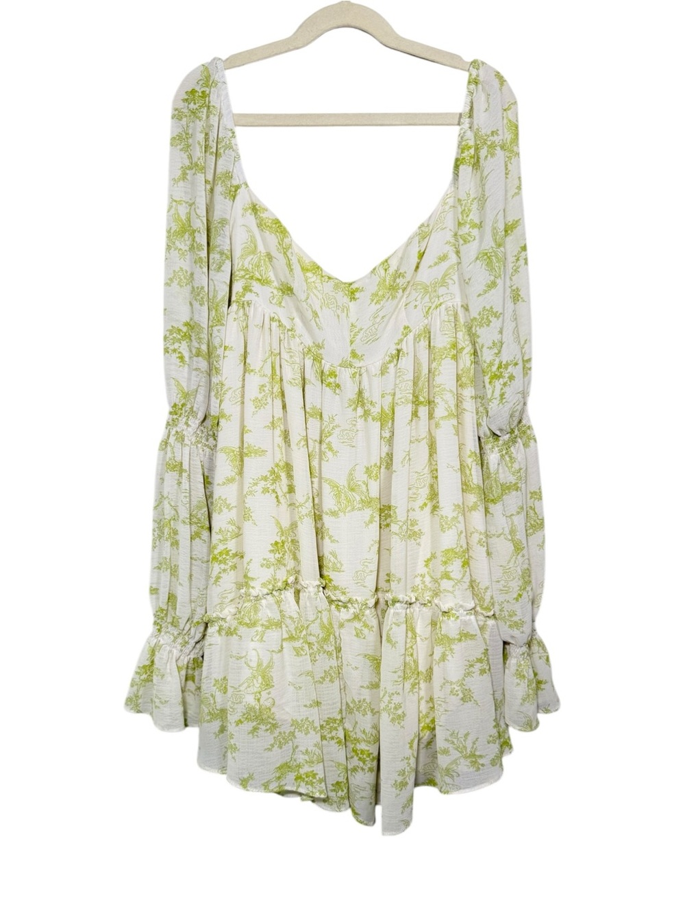 Urban Outfitters Lannette Long Sleeve Mini Dress Boho Cottagecore Green Ivory XS